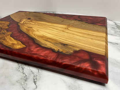 Artfully Crafted Resin Charcuterie Board – One-of-a-Kind Olive Wood Serving Board with Candy Red Resin
