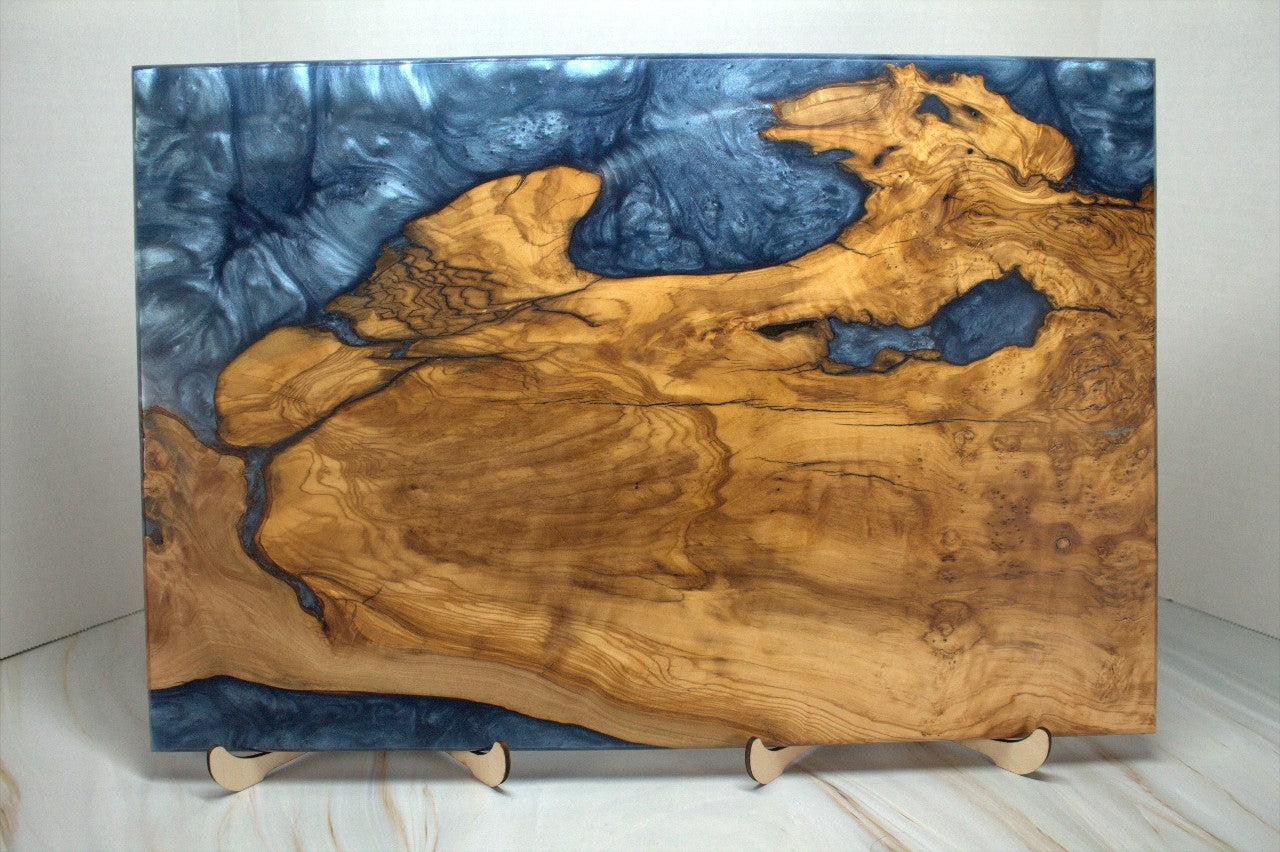 One of a Kind Charcuterie Board- Olive wood, Iceburg Blue