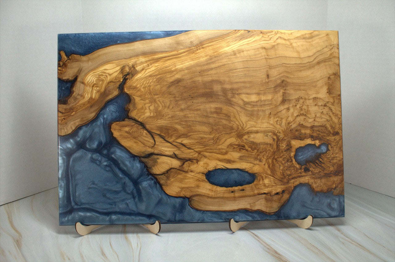 One of a Kind Charcuterie Board- Olive wood, Iceburg Blue