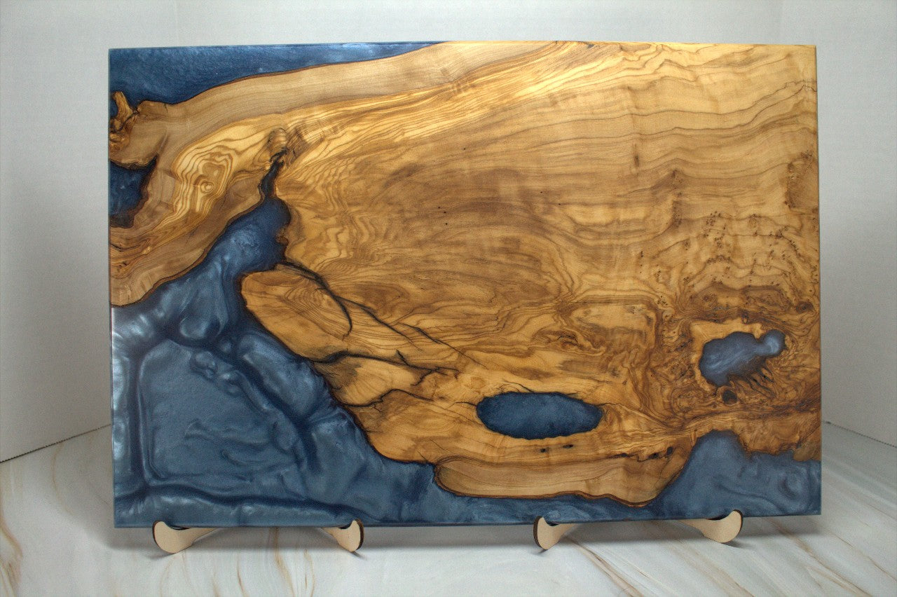 One of a Kind Charcuterie Board- Olive wood, Iceburg Blue