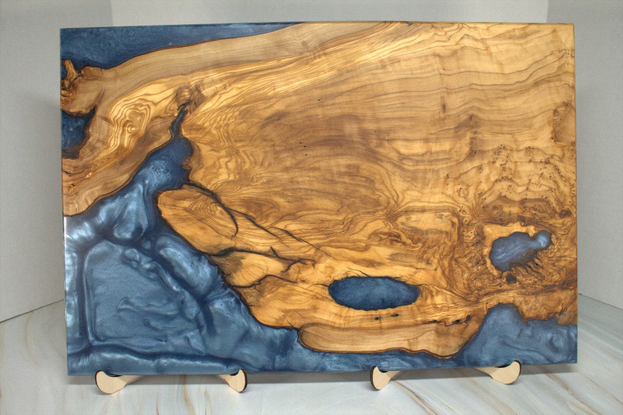 One of a Kind Charcuterie Board- Olive wood, Iceburg Blue