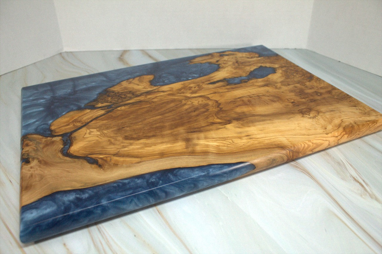 One of a Kind Charcuterie Board- Olive wood, Iceburg Blue