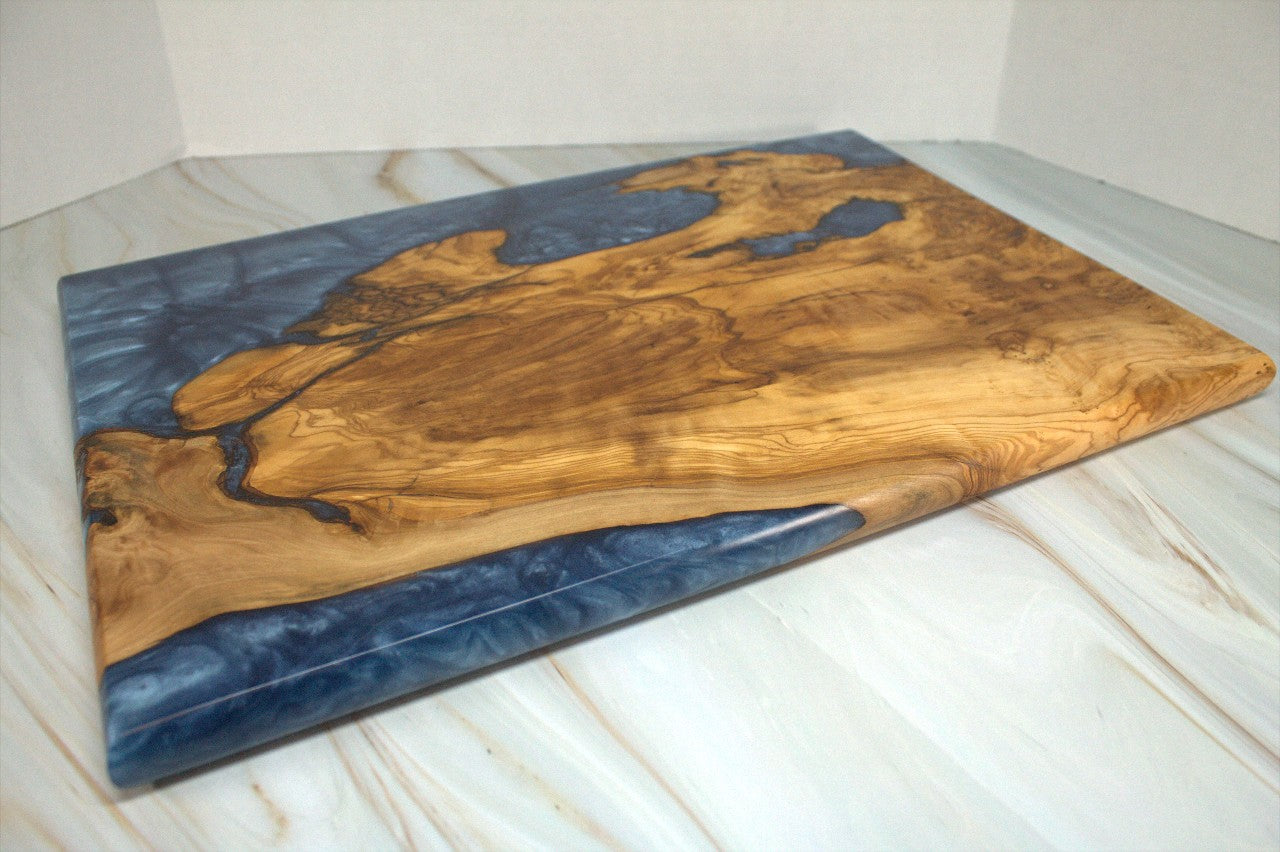 One of a Kind Charcuterie Board- Olive wood, Iceburg Blue