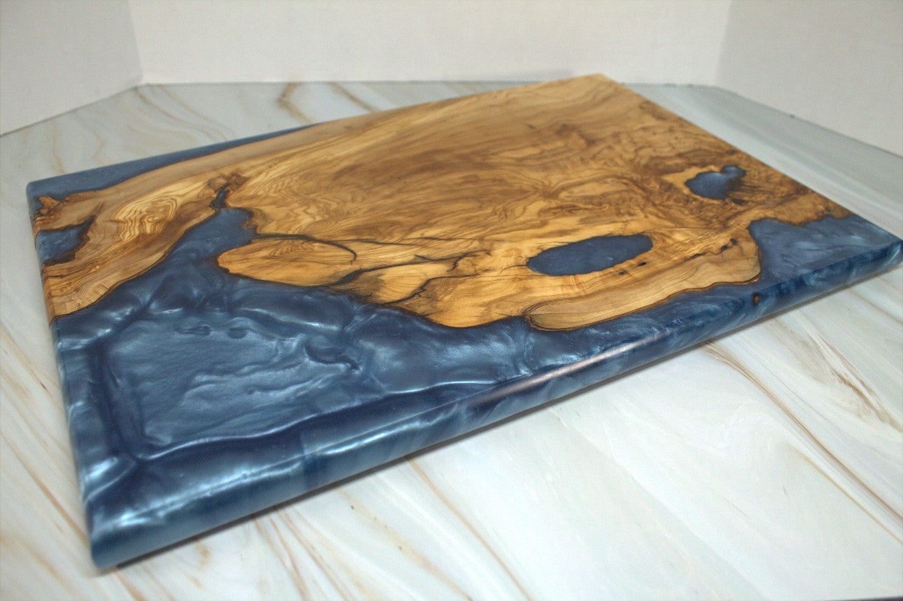 One of a Kind Charcuterie Board- Olive wood, Iceburg Blue